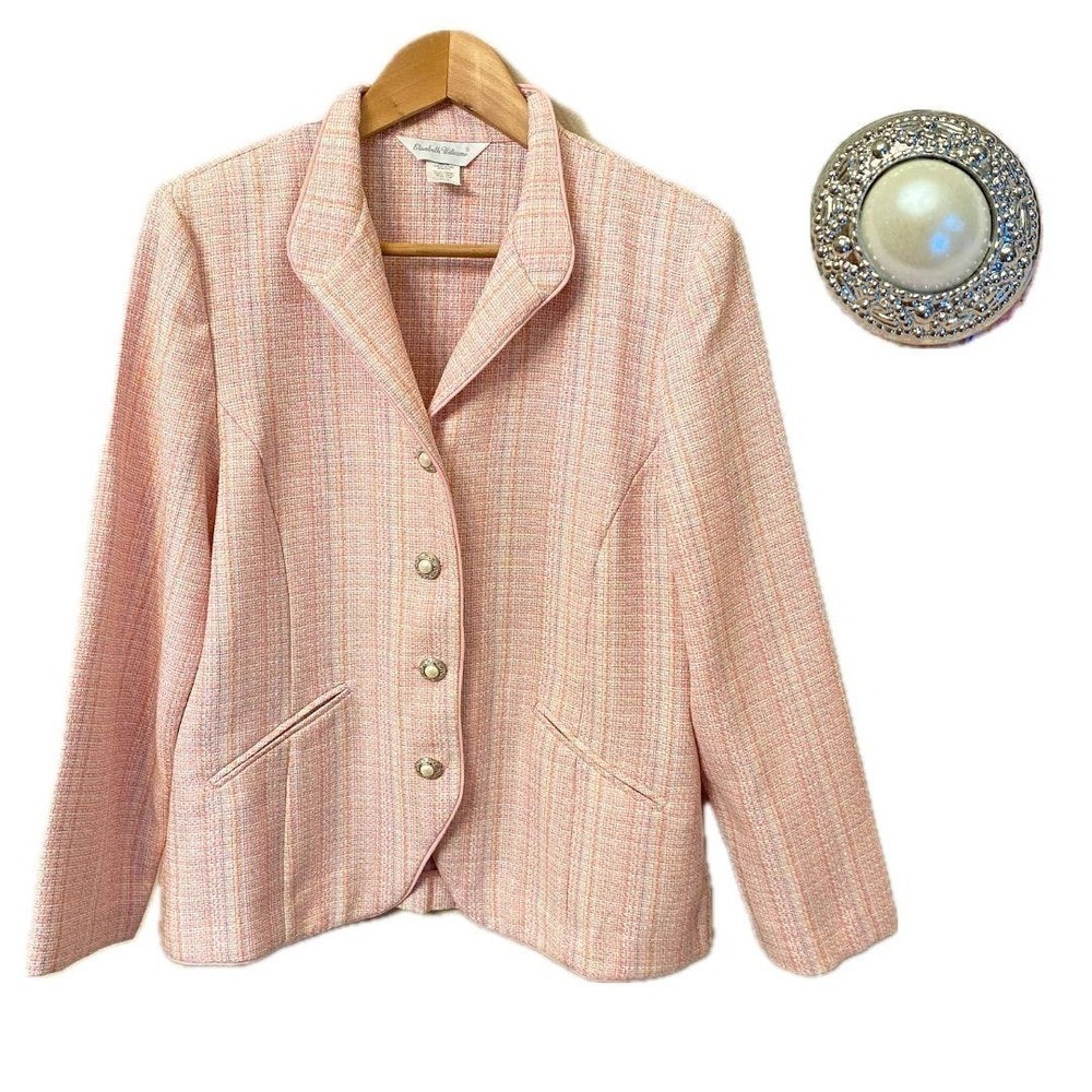 Vintage Elisabeth Williams Pink Pearl Button Tweed Woven Blazer Women's sz 10P